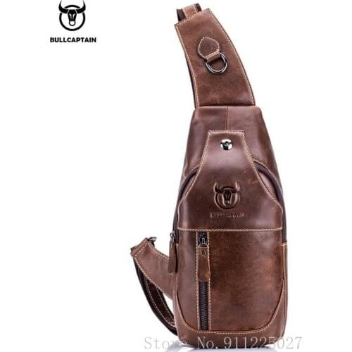 Fashion Vintage Men Chest Bag Genuine Leather Shoulder Crossbody Bag Top Layer Cowhide Headphone Jack Chest Pack Messenger Bags