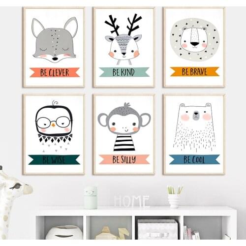 Cartoon Bear Deer Fox Monkey Bird Nursery Wall Art Canvas Painting Nordic Posters And Prints Wall Pictures Kids Room Decoration