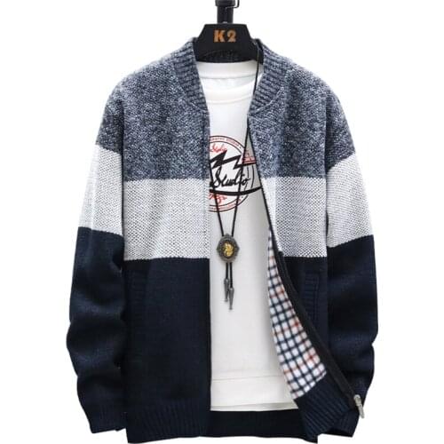 Mens Baseball Neck Jacket Fall Winter Warm Faux Fur Sweater Patched Stripe Zippered Knitwear Cardigan Coat