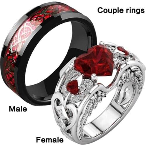 Couples Wedding Rings Couple Vintage Stainless Steel Men Ring Romantic Heart Zircon Ring Set Bridal Engagement Gift