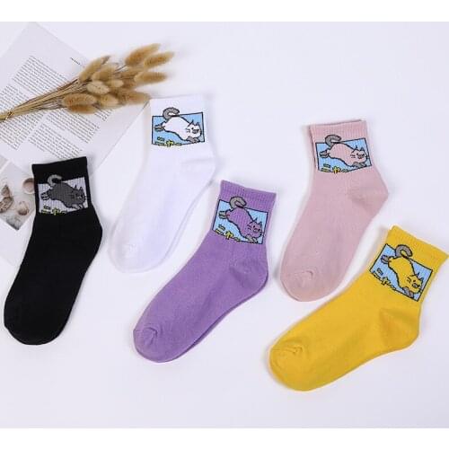 5 Pairs Women Cotton Socks Set Personalized Funny Cartoon Animal Cute Fat Cat Unisex Hosiery Man Running Sports Cycling Fitness
