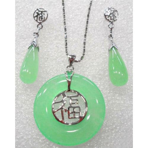 Natural Light Green jade Fortune Round Pendant Necklace Drop Earrings Set
