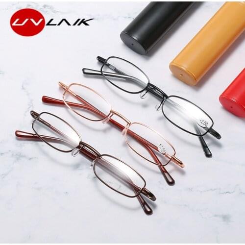 UVLAIK Reading Glasses Women Men Portable Mini Hyperopia Glasses Metal Presbyopia with diopters small case 1.5 2.0 2.5 3.0 3.5