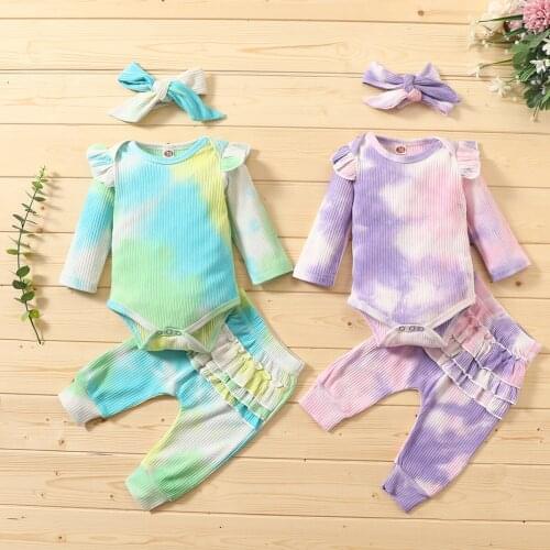 3Pcs Toddler’s Autumn Suits Tie-Dye Ruffle Long-Sleeves Rompers + Elastic Waist Pants + Bow Headband Outfit Baby Girl 0-2 Years