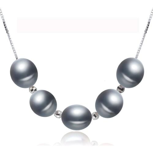 Real 925 Sterling Silver Necklace Chain Women,Grey Natural Freshwater Pearl Necklace Fine Jewelry