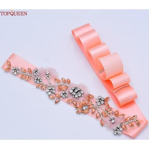 TOPQUEEN S419-R Luxury Wedding Dress Accessories Belt Women Party Belt Rhinestone Beads Flower Bridal Belts Pink Maternity Belts