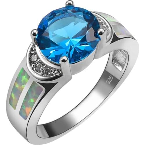 Blue Crystal Zircon With White Fire Opal 925 Sterling Silver Size 6 7 8 9 10 R1503