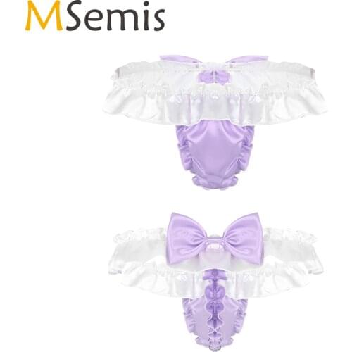 MSemis Men Sissy Panties Shiny Soft Satin Lingerie Ruffled Frilly Cut Bowknot Open Butt Bikini G-string Micro Thong Underwear