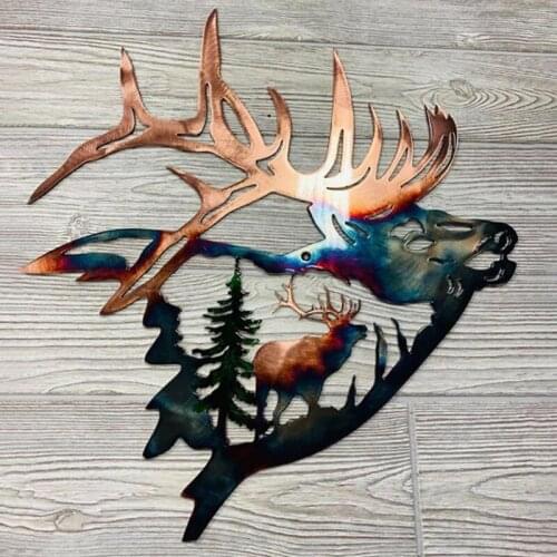 W3JE Metal Wall Art Decor Elk in The Forest Tree Sculpture Hanging for Living Room Bedroom Indoor Outdoor Garden