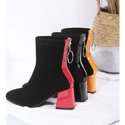 YQBTDL Fashion Patchwork Red Yellow Hoof Heels Black Flock Sock Ankle Boots for Women Back Zipper Winter Shoes Woman Footwear
