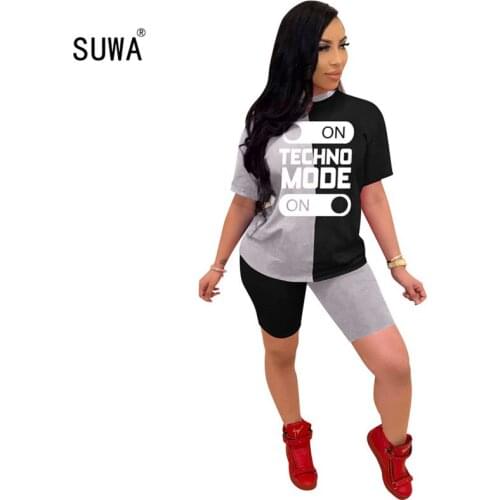 Letter print casual fitness women 2 piece outfits summer cotton clothes short sleeve oversize t shirt + high waist biker shorts