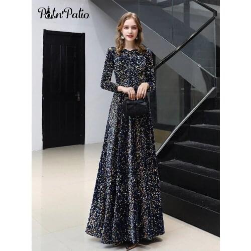 Long Sleeves Prom Dresses 2020 New Elegant A-line Floor-length Sequin Women Formal Gowns Plus Size For Evening Party