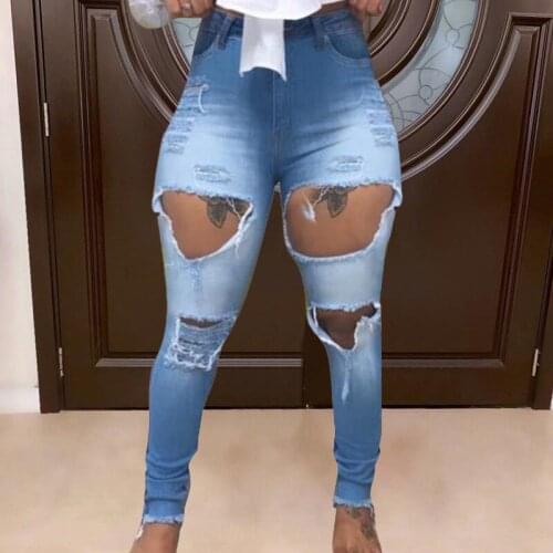 2021 Autumn Women Jeans Ripped Hollow Out Pencil Pants Skinny Jogger Pants Streetwear Clothes For Women Outfit