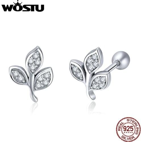 WOSTU Real 100% 925 Sterling Silver Tiny Leaves Clear CZ Stud Earrings For Women Girl Trendy Silver Earring Jewelry Gift CQE431
