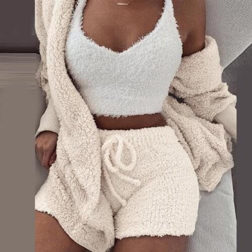 Women Hooded Tracksuit set Autumn Winter Long Sleeve Cardigan Coat Outwear + Shorts Pants Outfits Suits Thick Knitted Fleece Set