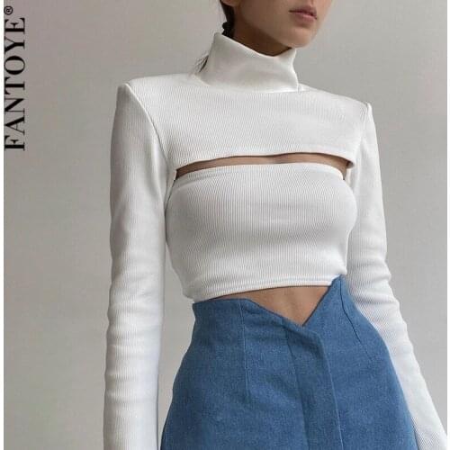 Fantoye Knitted Turtleneck Hollow out Women Two Piece Set Black Long Sleeve Fashion Slim Tops Ladies Autumn Sexy Streetwear 2021