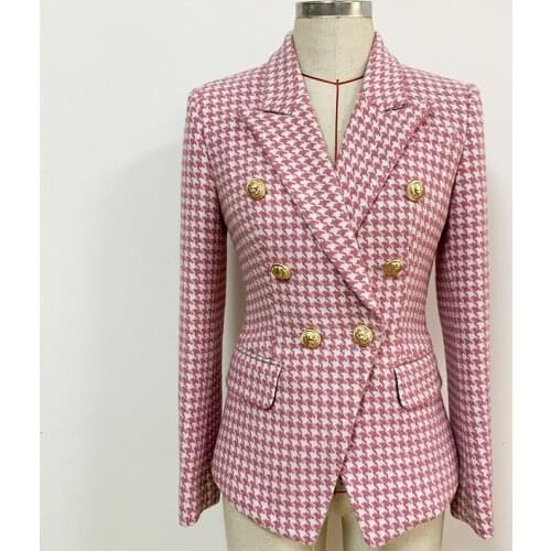 HIGH STREET Newest Fashion 2021 Designer Jacket Womens Double Breasted Lion Buttons Wool Tweed pink & white Houndstooth Blazer