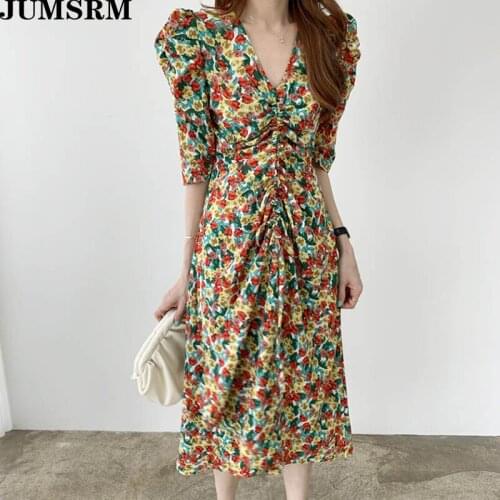 Women Dress Summer Sundress 2020 Chic All Match Chiffon Floral Print Long Dresses Sexy V-Neck Retro Vintage Elegant Party Dress