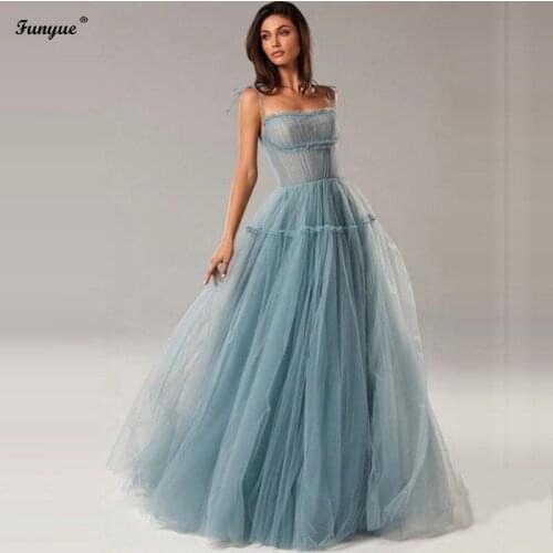 Abendkleider Fairy Blue Prom Dresses Long A-Line Tulle Straps Evening Party Gowns 2021 New Vestido De Fiesta De Boda