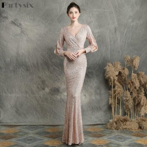 Partysix 2021 Women Autumn Winter Elegant V Neck Sequin Dress Long Sleeve Maxi Bodycon Dress Female Evening Party Dress