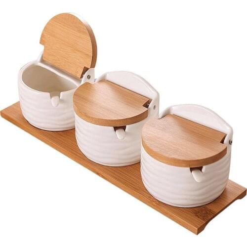 2PC sugar bowl with lid spoon wooden seasoning jar kitchen tool salt storage box MJ