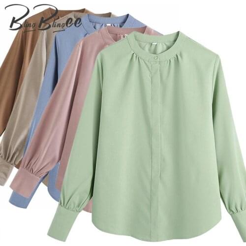 BlingBlingee Summer Long Sleeve Curved Hem Hidden Button Design Office Lady Casual Shirt Regular Women Casual Blouses Female Top
