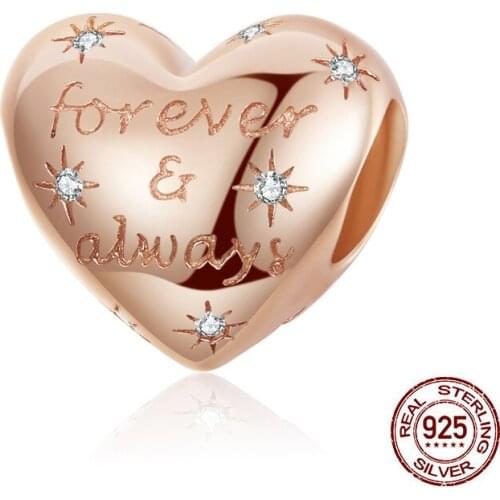 Rose Gold Color Heart Shaped Forever & Always Heart Charm Beads Fit Original Pandora Bracelet Bangle DIY Jewelry Making Gift