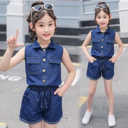 Girls Clothes Set Summer Teens Kids Clothing Children Sports Suit Fashion Denim Girls Sets Casual Outfits 4 6 7 8 9 10 12 Years