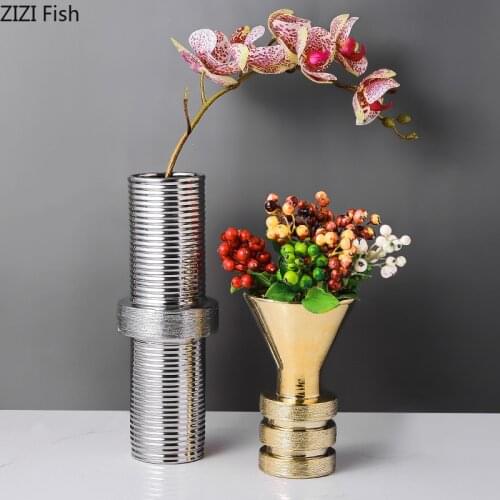 Electroplating Ceramic Vases Golden/Silver Plant Pots Decorative Flower Arrangement Thread Shape Flowers Vase Home Decor Modern