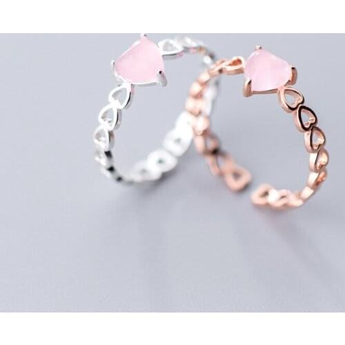 Real Silver Ring S925 Female Korean Glass Hollow Rose Gold Pink Heart Love Ring Sweet Finger Girls Jewelry Ladies Rings