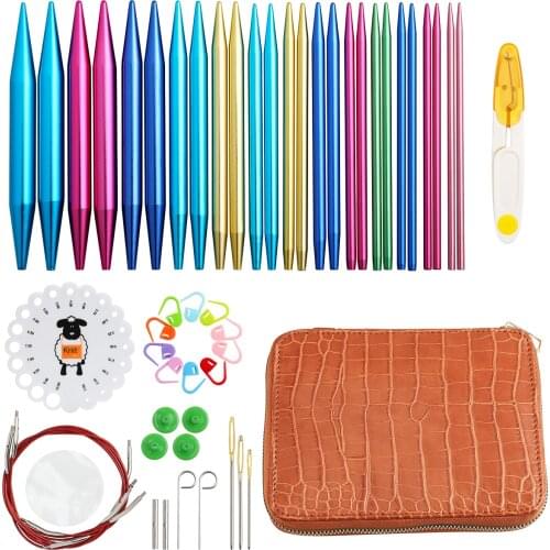 KOKNIT Hot Circular Knitting Needles Set Interchangeable Crochet Needles Red Color Genuine Leather Bag Knitting Accessories Kit