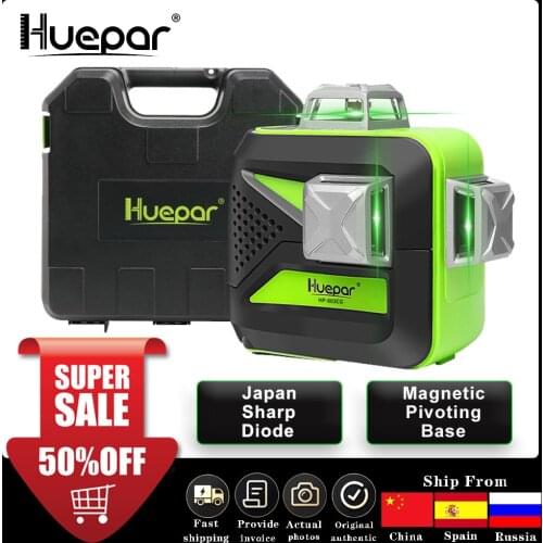 Huepar 12 Lines 3D Cross Line Laser Level Self-Leveling 360 Vertical & Horizontal Green Beam with Hard Carry Case Laser Tool Kit