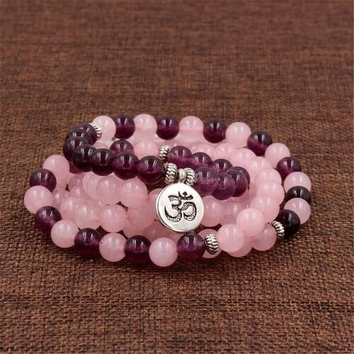 Hot Sale Woman 108 Beads Mala Necklace & Bracelets For Women Rose Quartzs Amethysts Yoga Bracelet Mala OM Lotus Buddha Bracelet