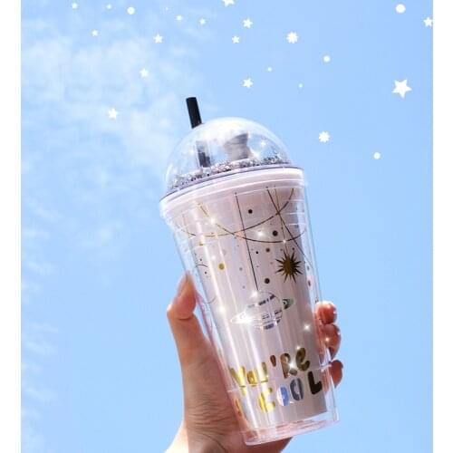 Lovely Cartoon Mug Plastic Water Bottle With Straw Creative Double Layer Yogurt Mug Best Cup Kid Gift For Women Lovers Portable
