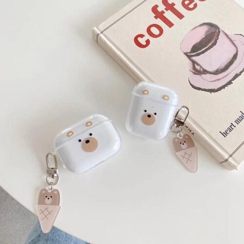 Cute Ice Cream Bear Pendant Transparent Wireless Bluetooth Headset Soft Cover for Airpods 2 Airpod Pro 3 Earphone Protective