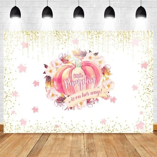 Mehofoto Little Pumpkin Baby Shower Photographic Backdrop Flowers Maple Leaf Glitter Background for Newborn Party Golden Dots