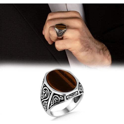 Men Silver Oval Claret Brown Tiger Eye Gemstone Ring Ottoman Motif Men Ring Handmade Turkish Men Jewelry 925 Sterling Silver