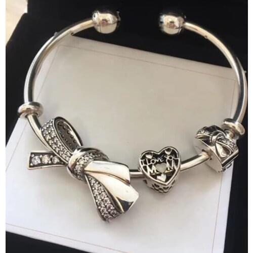 NEW 100% 925 Sterling Silver Bow Charm Heart Bow Clip 3 Charm Bead Bracelet Set Planet of Charm Astronaut Bangle Love Charm