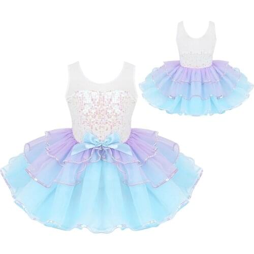 Oyolan Kids Party Dress for Girls Shiny Sequins Bowknot Mesh Splice Dancewear Tutu Ballet Dress Stage Performance Costume Summer