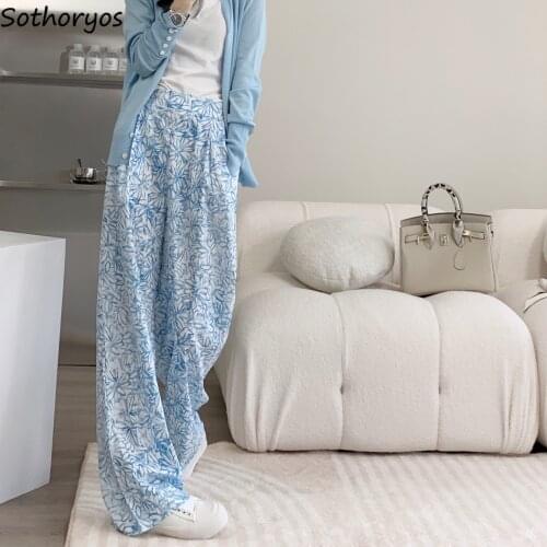 Women Mopping Sleep Bottoms Loose Soft Pockets Blue Fresh Floral Sweet Girls Teenagers Nightwear Fashion Outdoor Females Lounge