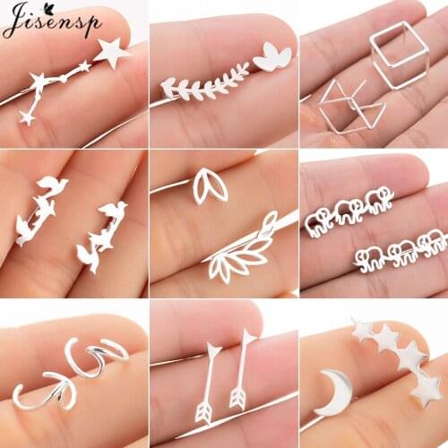 Jisensp Fashion Star Moon Earings Ear Climber Handmade Square Birds Leaf Stud Earrings for Women Kids Ear Crawlers Pendientes
