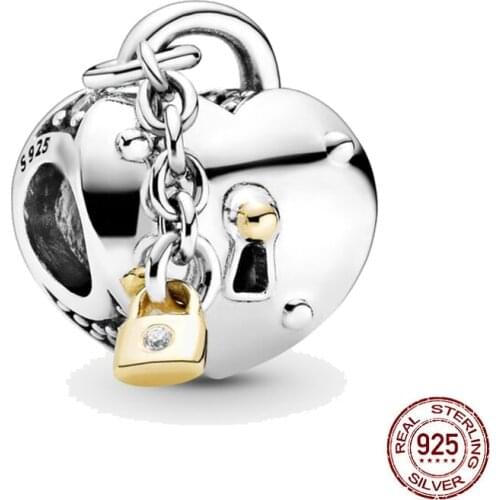 High Quality 925 Sterling Silver Two-Tone Heart and Lock Charm Fit Original Pandora Charms Bracelet Pendant Diy Jewelry Berloque