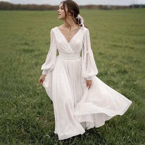 A Line Chiffon Long Sleeves Wedding Party Dress Ankle Length Cheap Backless 2021 V-Neck Bridal Gown Simple Plus Size Boho Beach