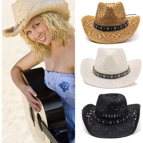 Fashion Straw Western Cowboy Hat Handmade Beach Sun Hat For Man Woman Wide Curling Brim Cap Sun Protection Party Outdoor Hats
