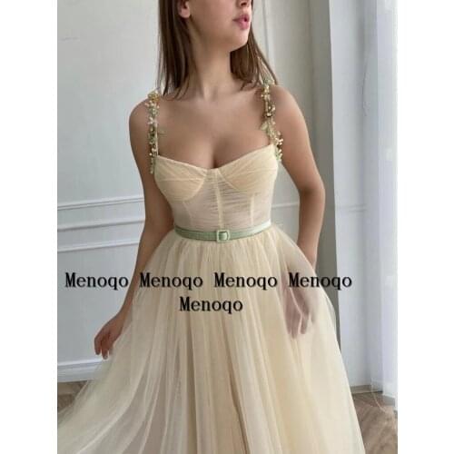 Tulle Prom Dresses Spaghetti Straps Boning A-Line Short Prom Gowns Illusion Tea-Length Wedding Party Dresses