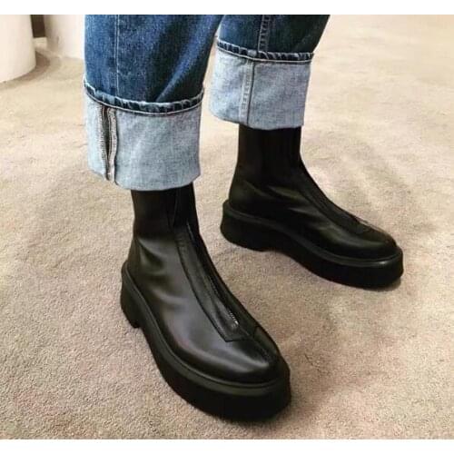 Dipsloot New Woman Fashion Black Genuine Leather Thick Heel Platform Ankle Boots Zipper Front Round Toe Ankle Martin Boots