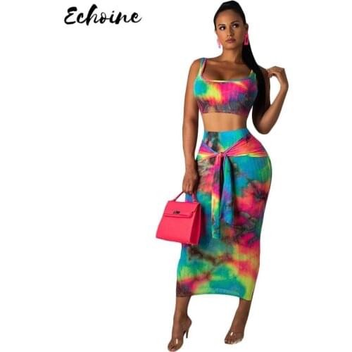 Echoine Women Sexy Tie dye Print Two Piece Set Dress Casual O Neck Vest Crop Top Shirt Lace Up Maxi Skirt TrackSuit Beach Style