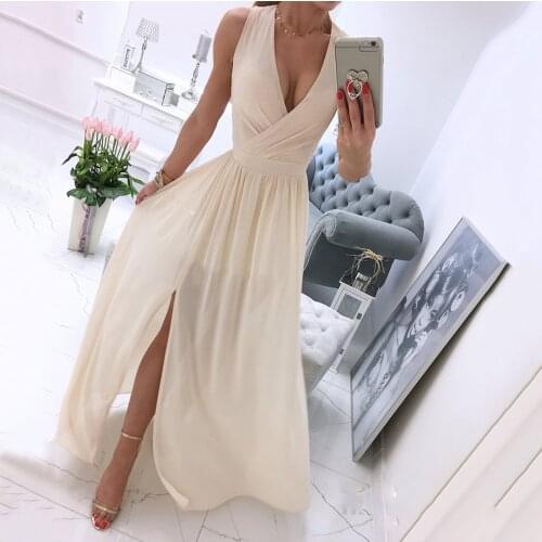 2021 Fashion Ladies Sexy Women Beach Sexy Deep V-Neck Dresses Summer Party Sleeveless Casual A-Line High Slits Midi Formal Dress