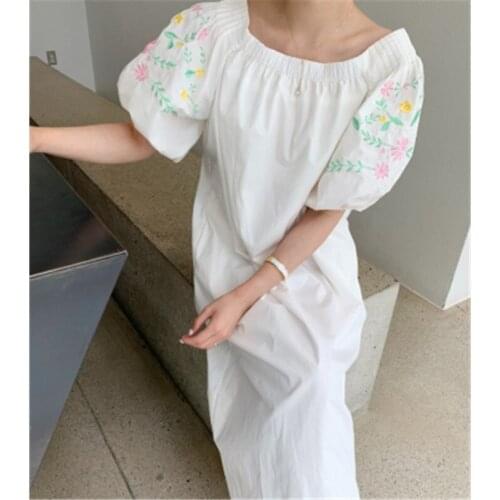 Korean Womens Dress Lantern Sleeve Embroidery Elastic Square Collar Loose Stright Dresses Female Fashion Tide Vestidos 2021