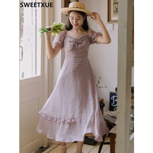 SWEETXUE Purple Fairy Elegant Party Dress 2021 New Summer French Retro Square Neck Puff Sleeve Ruffle Chic Sweet Female Vestido